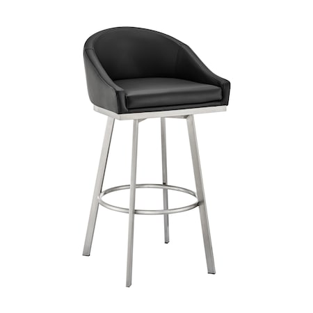 Armen Living Noran Swivel Counter Stool in Brushed Stainless Steel and Black Faux Leather 840254335752